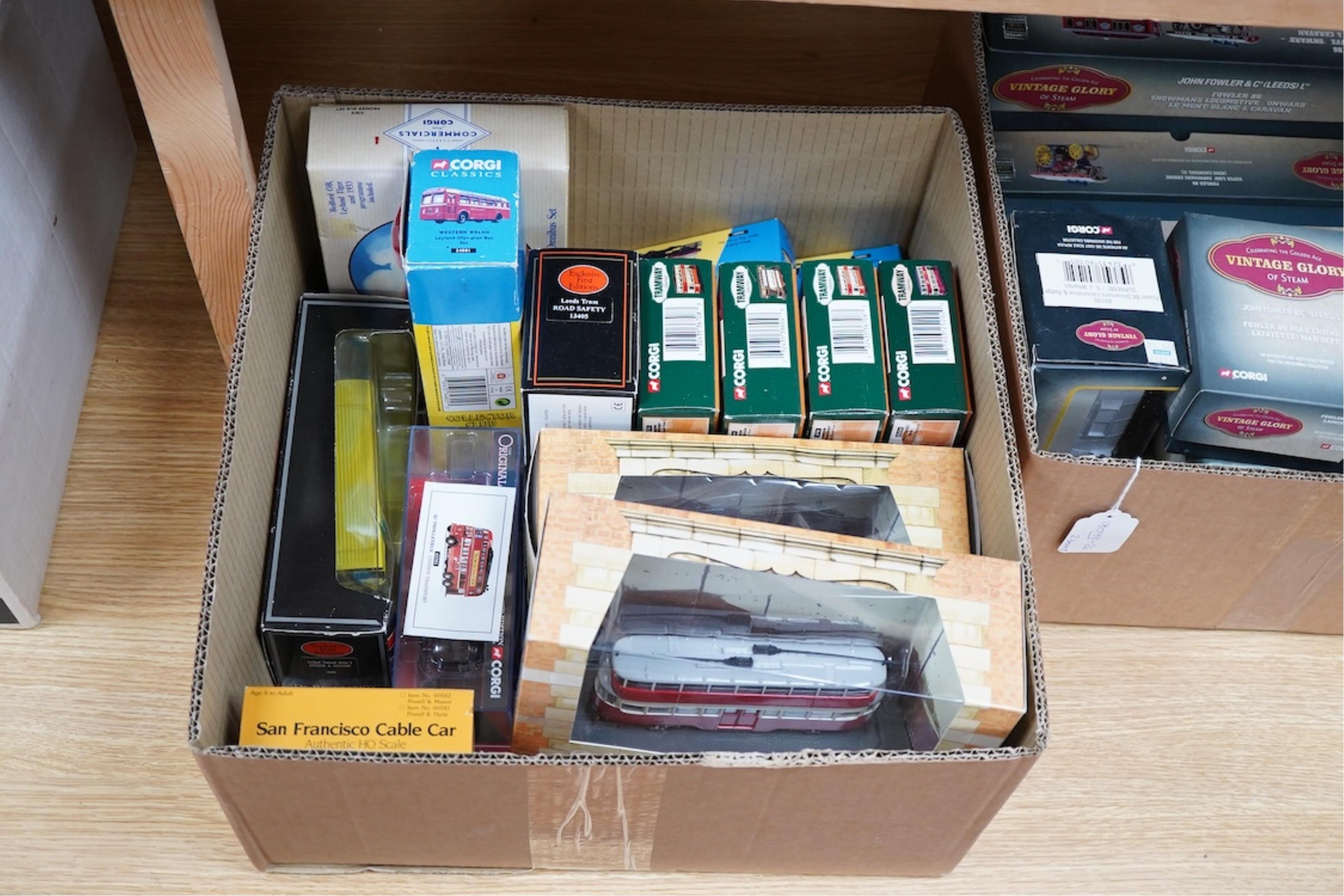 Twenty-three boxed Corgi diecast vehicles, including nine ‘Vintage Glory of Steam’ series, comprising of Showman’s engines, traction engines, steam road rollers, etc., together with ten trams including some from the ‘Tra